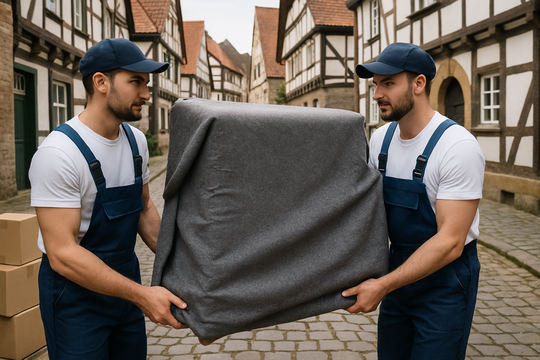 Umzugshelfer navigieren durch enge Straße in Paderborns Altstadt